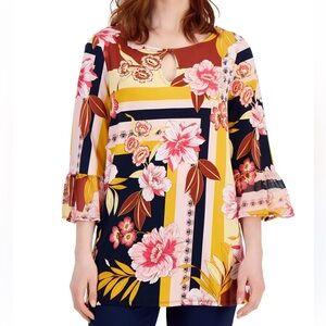 NWT JM Collection Desert Bliss Tunic Blouse Large Floral Bell Sleeve Top